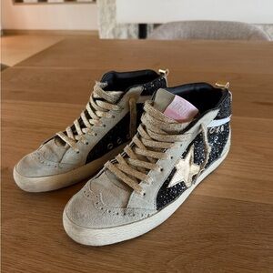 Golden goose mid star sneakers glitter black with gray suede and gold star/laces